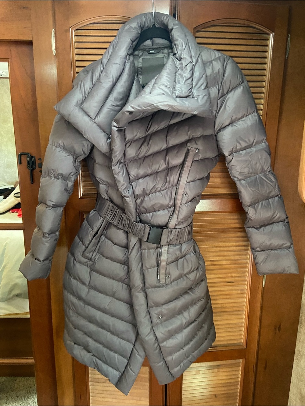 Vera Wang Taupe Quilted Belted Puffer Coat